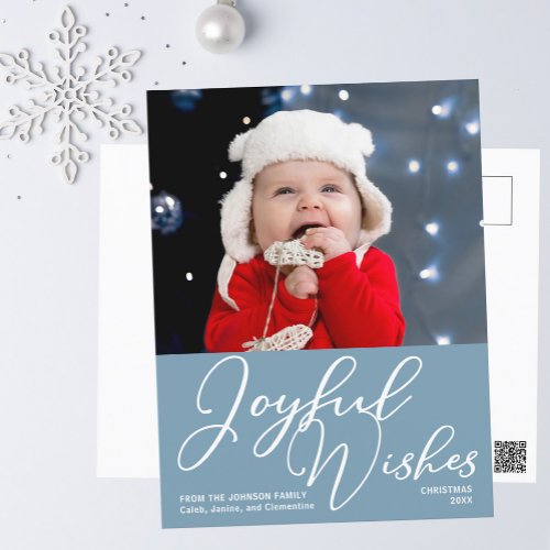 Joyful Wishes Slate Blue Modern Christmas Photo Postcard