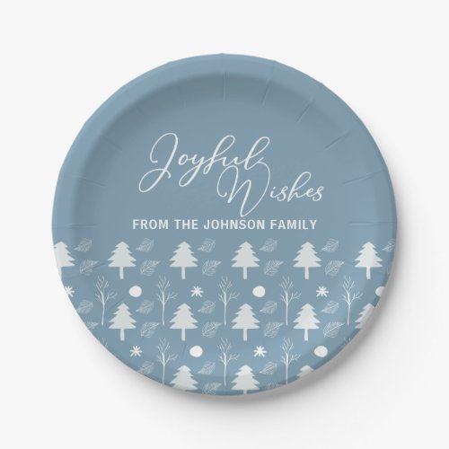 Joyful Wishes Slate Blue Trees Christmas Party Paper Plates