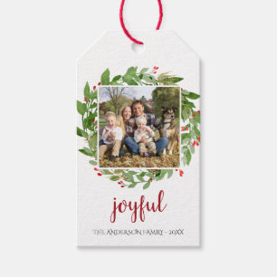 Joyful Wreath Berries Photo Christmas Holiday Gift Tags