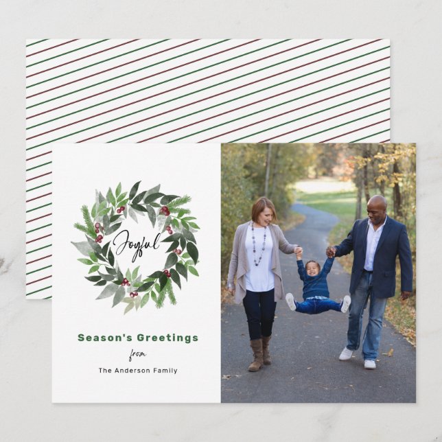 Joyful Wreath Minimal Photo Christmas Holiday Card (Front/Back)