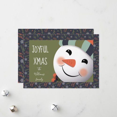 Joyful Xmas Happy Snowman foliage border green Holiday Card