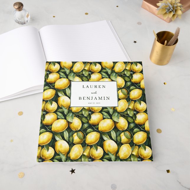 Joyful Yellow Lemon Illustration Guest Book (Front Open)