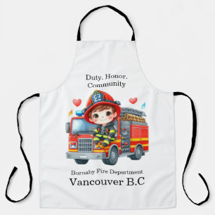 Joyful young firefighter on red truck apron