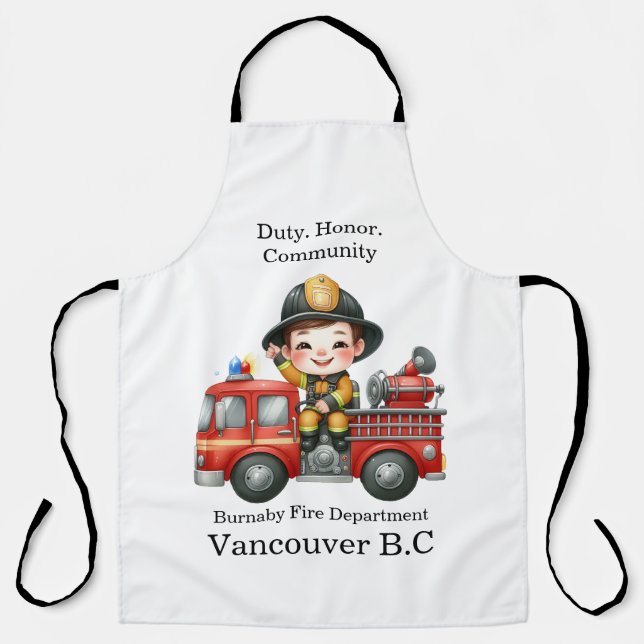 Joyful young firefighter on red truck apron (Front)