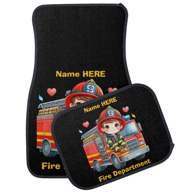 Joyful young firefighter on red truck car floor mat (Set)