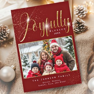 Joyfully Blessed Red Gold Sparkle Family Photo