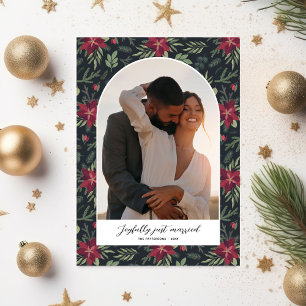 Joyfully Married Christmas Photo Floral Arch Holiday Postcard