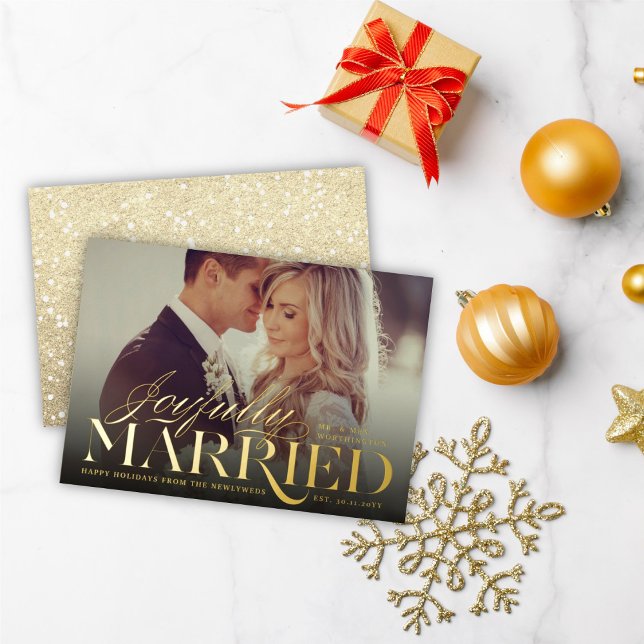 Joyfully Married Modern Classic Wedding Photo Foil Holiday Card (Creator Uploaded)
