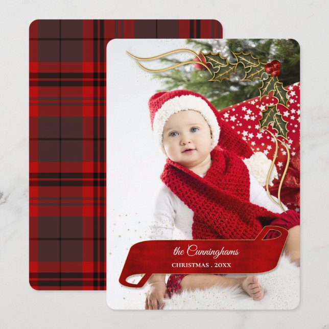 Joyous and Jolly with Bows of Holly Photo Holiday Card (Front/Back)