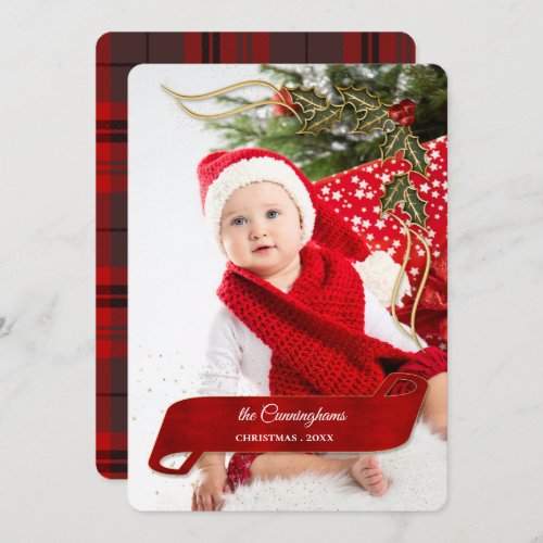 Joyous and Jolly with Bows of Holly Photo Holiday Card