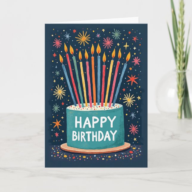 Joyous Birthday Teal Cake Card (Front)