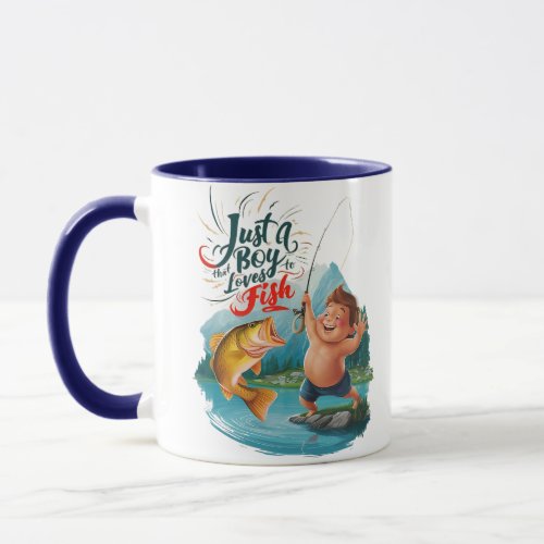 Joyous Boy Reeling in a Big Catch on Tranquil Lake Mug