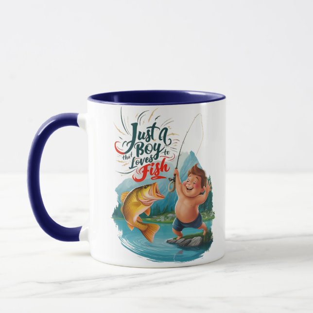 Joyous Boy Reeling in a Big Catch on Tranquil Lake Mug (Left)