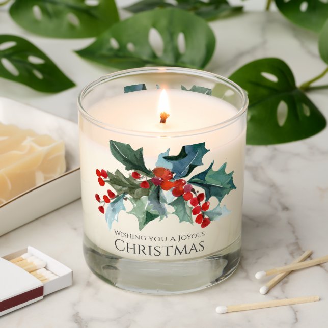 Joyous Christmas Holly and Berries Evergreens Scented Candle (Lit)