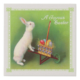 Joyous Easter White Rabbit Wheelbarrow With Eggs Faux Canvas Print