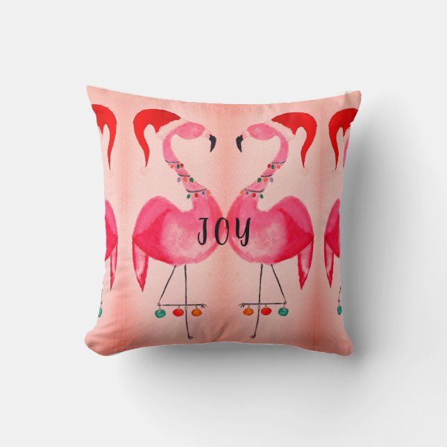 Joyous Flamingo Christmas Throw Pillow (Front)