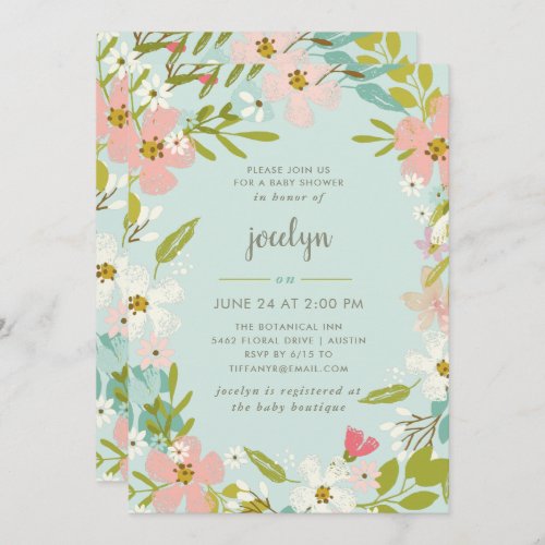 Joyous Floral  Mint Baby Shower Invitation