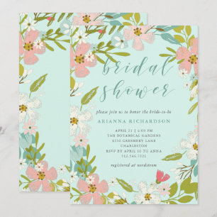 Joyous Floral on Mint Green   Bridal Shower Invitation