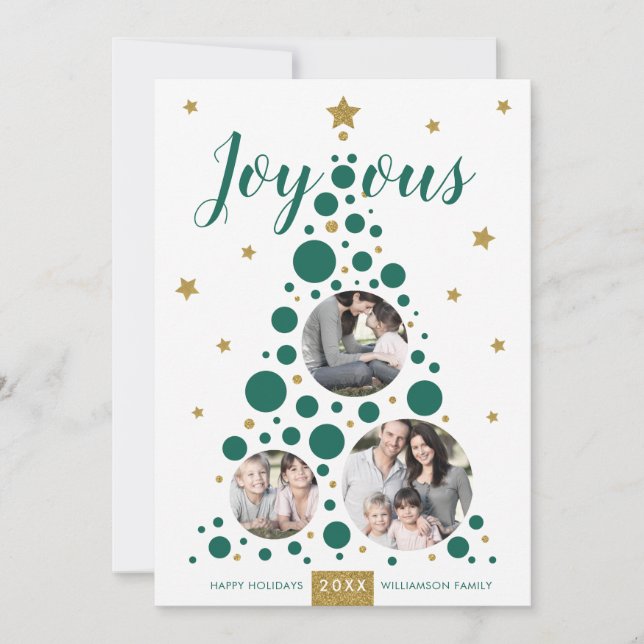 Joyous Green & Gold Pine Tree | Holiday Photo Card (Front)