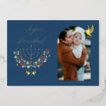 Joyous Hanukkah Festive Menorah Candle Photo Blue Foil Holiday Card<br><div class="desc">Joyous Hanukkah, send your Hanukkah wishes to your family and friends with our beautiful customizable gold foil photo card. Our design features our beautiful hand-drawn menorah candle in gold foil decorated with beautiful festive flowers and leaves. Gold foil doves are also incorporated into this beautiful Hanukkah-inspired design. "Joyous Hanukkah" is...</div>