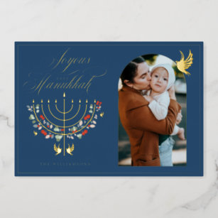 Joyous Hanukkah Festive Menorah Candle Photo Blue Foil Holiday Card