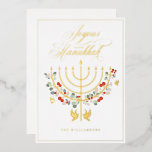 Joyous Hanukkah Festive Menorah Candle Photo Foil Holiday Card<br><div class="desc">Joyous Hanukkah, send your Hanukkah wishes to your family and friends with our beautiful customizable photo card. Our design features our beautiful hand-drawn menorah candle in faux rose gold decorated with beautiful festive florals and leaves. Doves are also incorporated into this beautiful Hanukkah-inspired design. "Joyous Hanukkah" is written in a...</div>