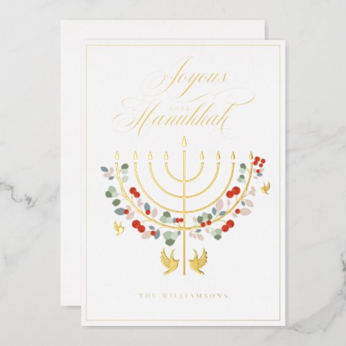 Joyous Hanukkah Festive Menorah Candle Photo Foil Holiday Card