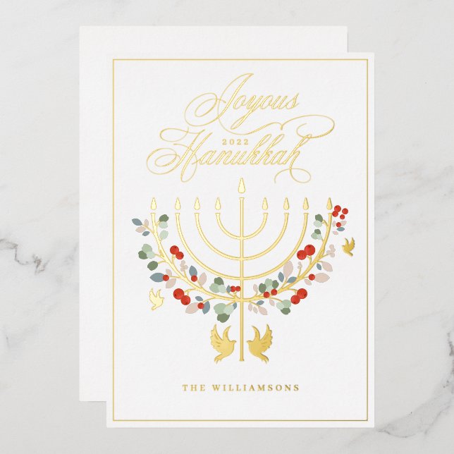Joyous Hanukkah Festive Menorah Candle Photo Foil Holiday Card (Front/Back)