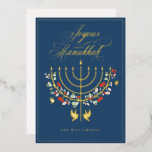 Joyous Hanukkah Festive Menorah Candle Photo Foil Holiday Card<br><div class="desc">Joyous Hanukkah, send your Hanukkah wishes to your family and friends with our beautiful customizable photo card. Our design features our beautiful hand-drawn menorah candle in faux rose gold decorated with beautiful festive florals and leaves. Doves are also incorporated into this beautiful Hanukkah-inspired design. "Joyous Hanukkah" is written in a...</div>