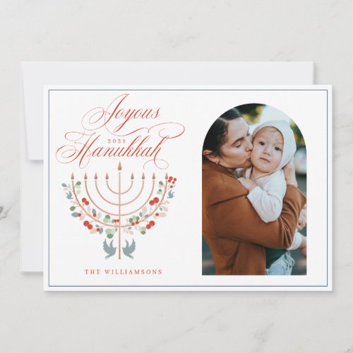 Joyous Hanukkah Festive Menorah Candle Photo Holiday Card