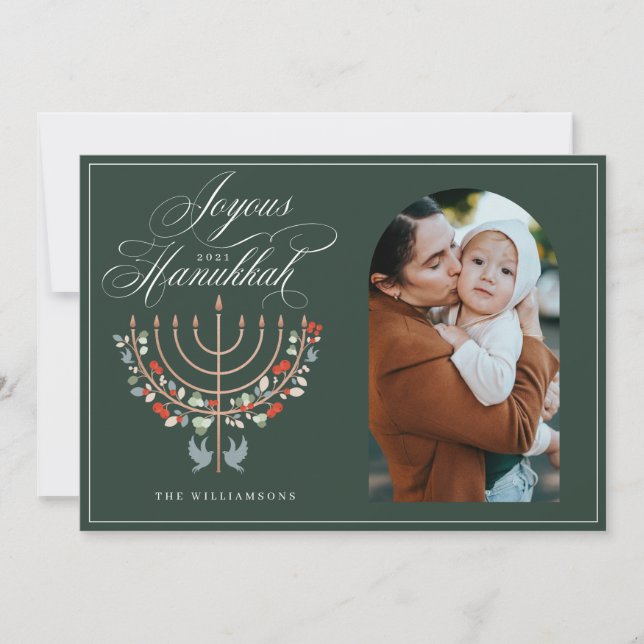 Joyous Hanukkah Festive Menorah Candle Photo Holiday Card (Front)
