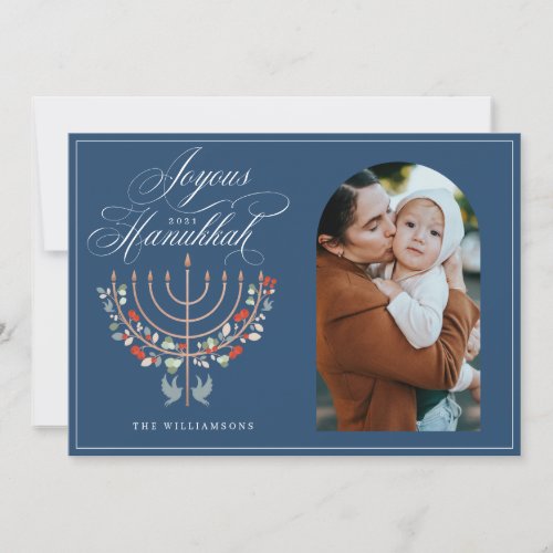 Joyous Hanukkah Festive Menorah Candle Photo Holiday Card