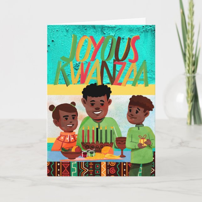 Joyous Kwanzaa Dad and Children with Kinara Card (Front)