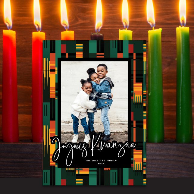 Joyous Kwanzaa Modern Script Kente Cloth Photo Holiday Card (Creator Uploaded)