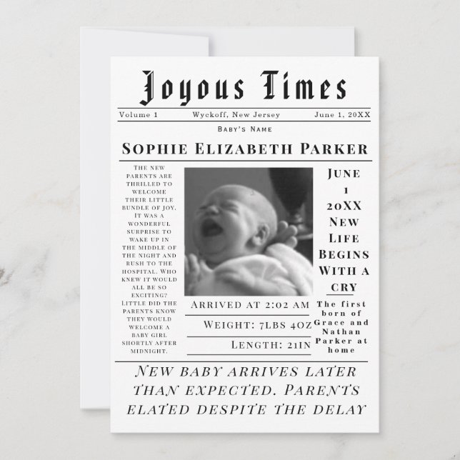 Joyous Newborn Times Birth Announcement (Front)