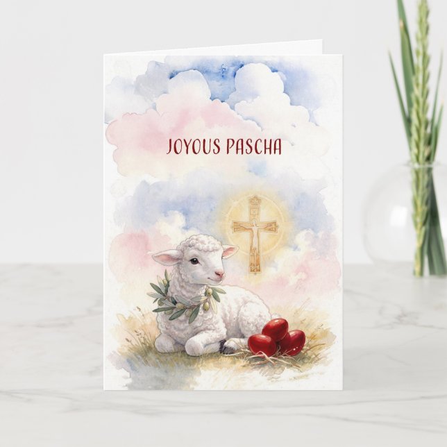 Joyous Pascha Lamb, Red Eggs and Cross Card (Front)