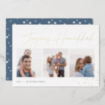 Joyous Sketch | Hanukkah Photo Collage Foil Holiday Card<br><div class="desc">Send Hanukkah greetings to friends and family in chic style with our elegant photo cards. Designed to accommodate three of your favorite photos arranged side by side in a collage format, card features "joyous Hanukkah" in gold foil casual hand sketched script lettering adorned with hand drawn stars at the corners....</div>