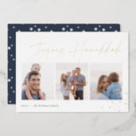 Joyous Sketch | Hanukkah Photo Collage Foil Holiday Card<br><div class="desc">Send Hanukkah greetings to friends and family in chic style with our elegant photo cards. Designed to accommodate three of your favorite photos arranged side by side in a collage format, card features "joyous Hanukkah" in gold foil casual hand sketched script lettering adorned with hand drawn stars at the corner....</div>