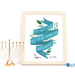 Joyous Tidings | Personalized Hanukkah Art Print<br><div class="desc">Beautifully illustrated print features "may love and light fill your heart at Hanukkah" in hand lettered typography on a blue watercolor ribbon accented with green leaves and white berries. Personalize with your family name and year established for a unique custom addition to your holiday decor.</div>
