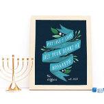 Joyous Tidings | Personalized Hanukkah Poster<br><div class="desc">Beautifully illustrated print features "may love and light fill your heart at Hanukkah" in hand lettered typography on a blue watercolor ribbon accented with green leaves and white berries on a rich blue background. Personalize with your family name and year established for a unique custom addition to your holiday decor....</div>