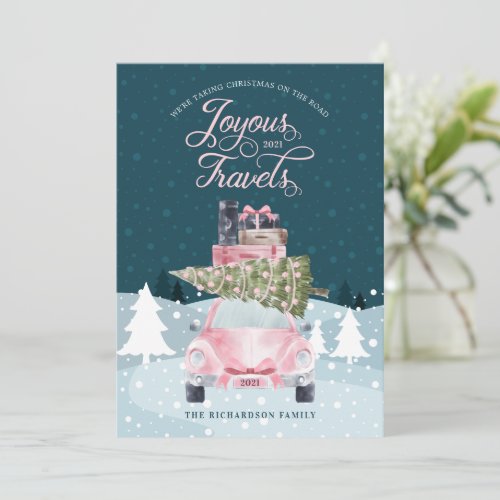 Joyous Travels Road Trip Pink Retro Watercolor Car Holiday Card