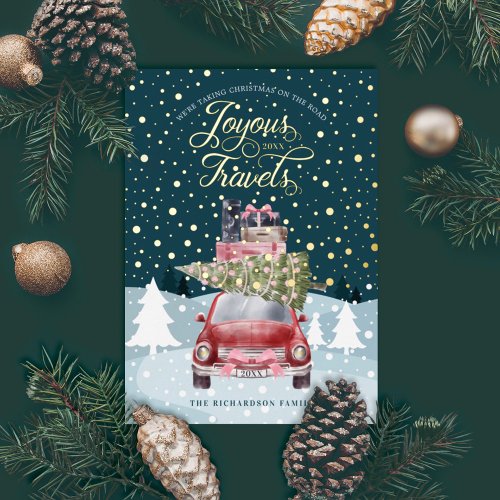 Joyous Travels Road Trip Red Retro Watercolor Foil Holiday Card