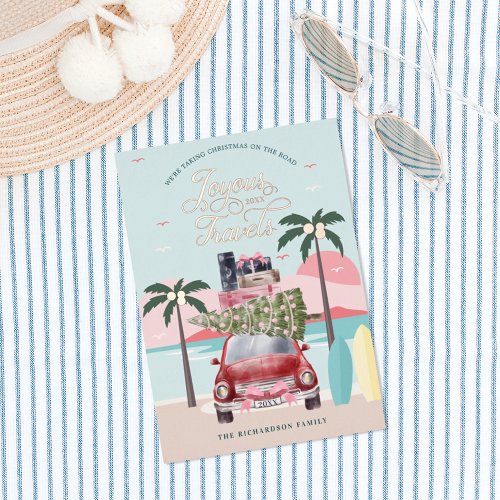 Joyous Travels Tropical Road Trip Pink Retro Car Foil Holiday Card
