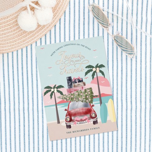 Joyous Travels Tropical Road Trip Red Retro Car Foil Holiday Card