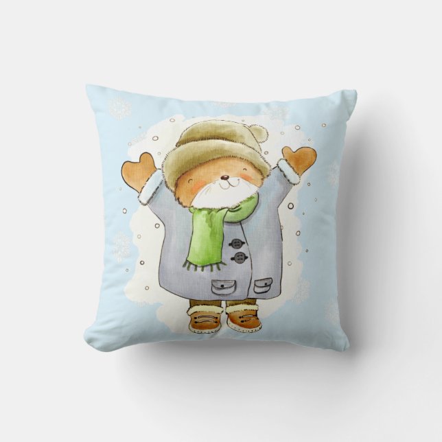 Joyous WInter Cat Throw Pillow (Front)
