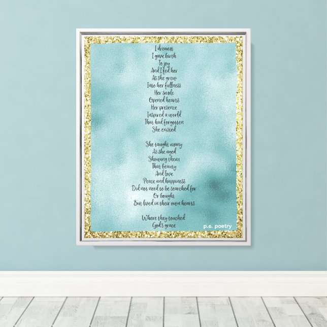 Joy's Birth Poem Mint Gold Glitter Canvas Print (Insitu(Wood Floor))