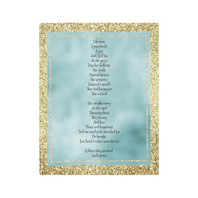Joy's Birth Poem Mint Gold Glitter Metal Print (Front)