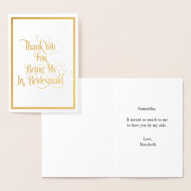 Jr Bridesmaid Thank You Gold Foil Card | Zazzle