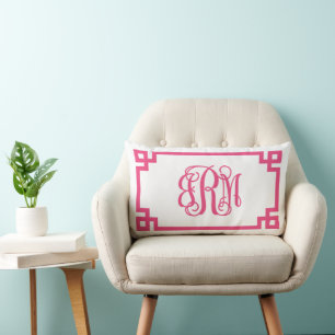 JRM Hot Pink Greek Key Script Monogram Lumbar Pillow