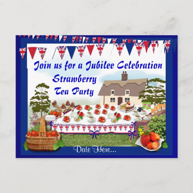 Jubilee Strawberry Tea Party   Invitation Postcard (Front)